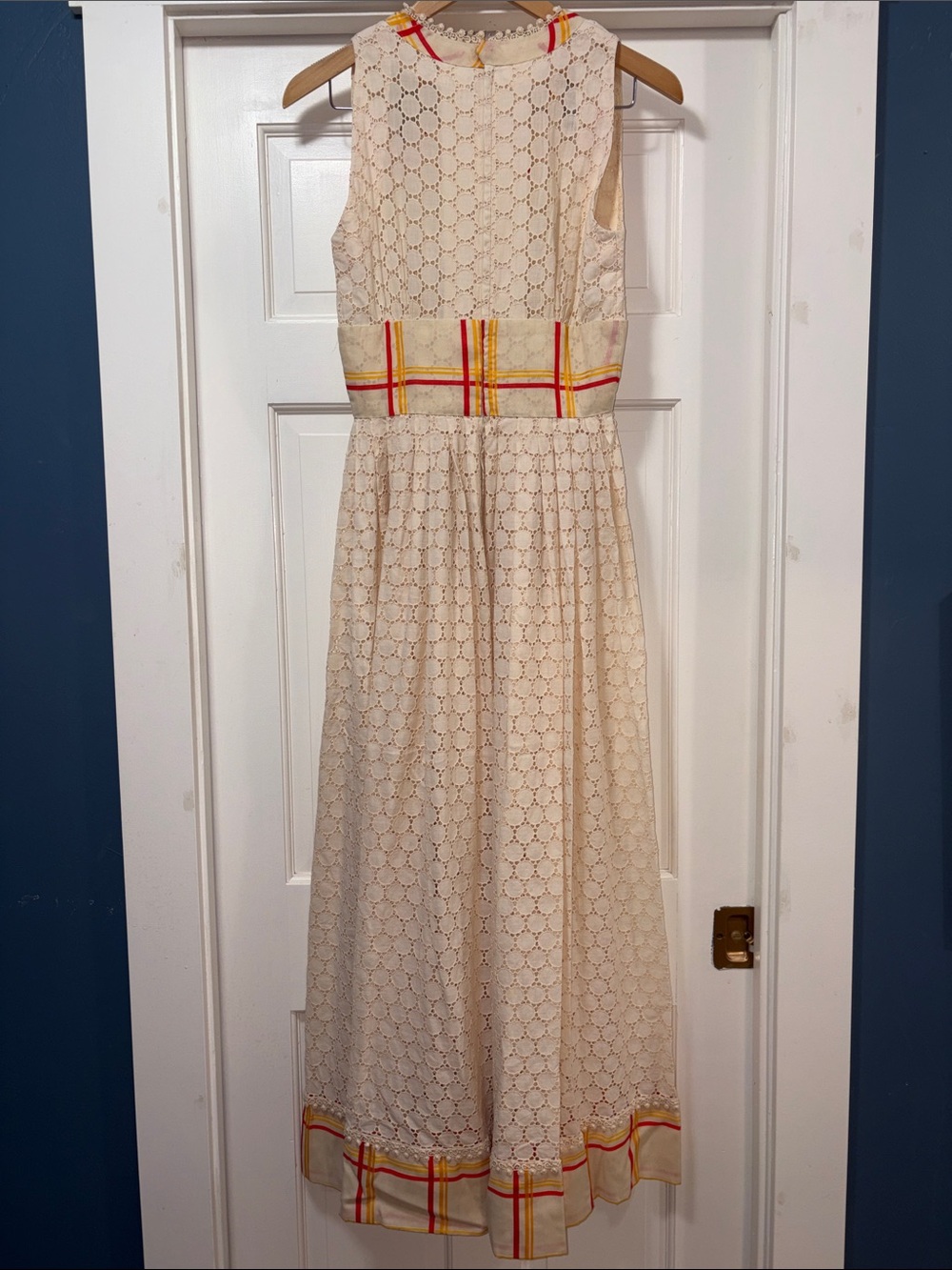 VINTAGE OOAK Cream Lace Maxi Dress with Yellow & Red Plaid Trim - Picture 3 of 11